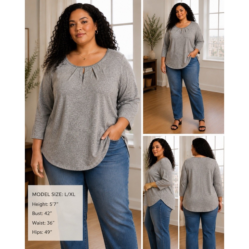 Simply Scarlet Womens Heather Gray Rhinestone Trim Pleated Neck 3/4 Sleeve Top L